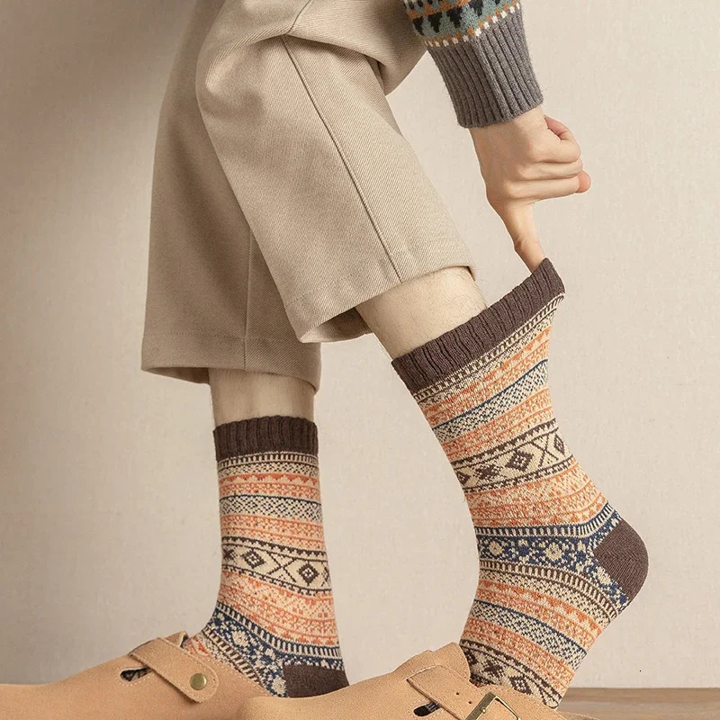 5 Pairs Lot Pack Women Socks Autumn Winter Snow Thickened Thermal Warm Folk-custom Retro Nordic Style Wool Socks Christmas Gift 241223