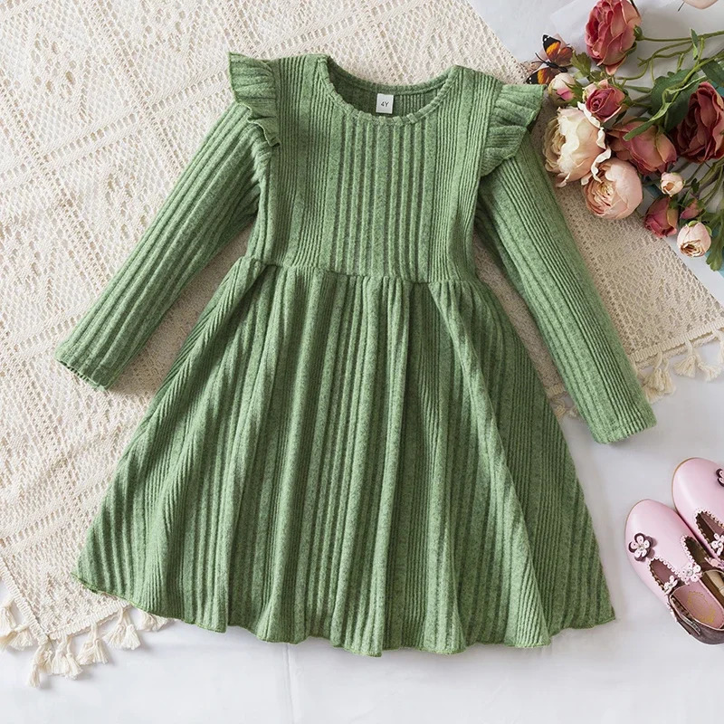 Year Red Girl Knitting Rib Wool Long Sleeve Princess Dress Autumn Winter Warm Sweater Dress Kid Christmas Casual Clothes 241219