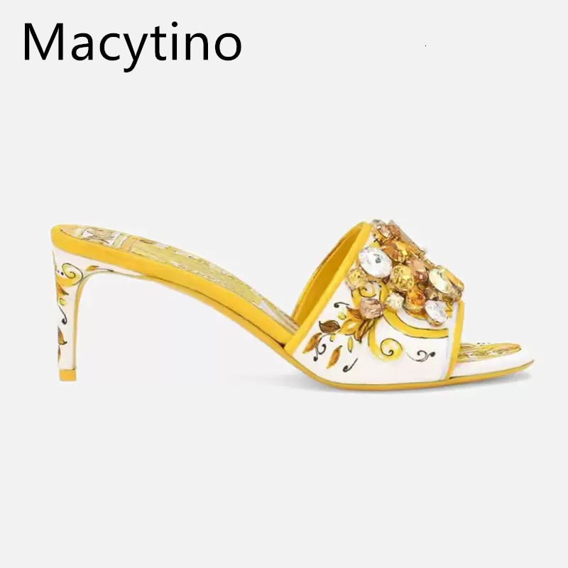 Summer Printed High Heeled Sandals Women's Bohemian Rhie Jewel Open-Toe Stiletto Slippers Party Shoes