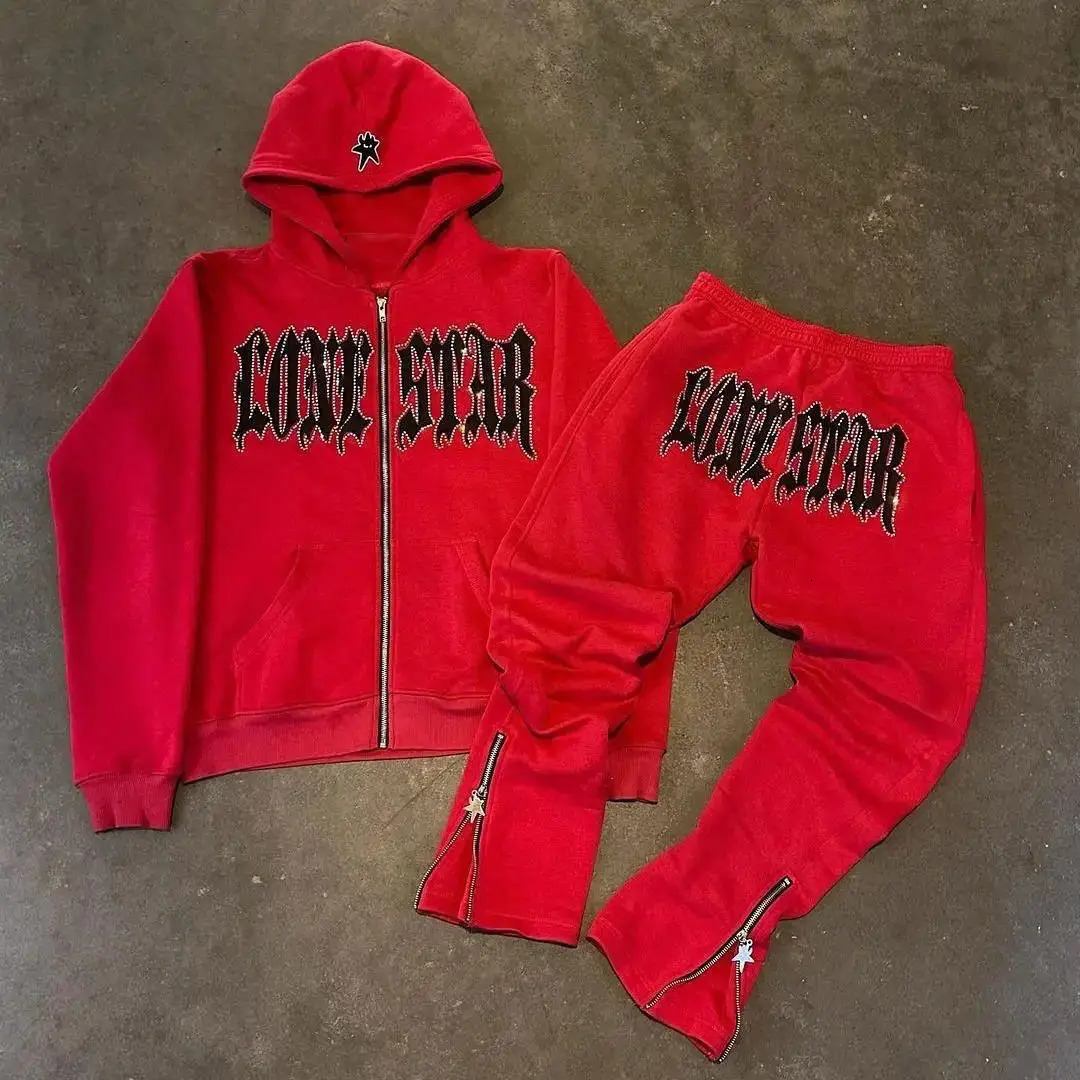 Aesthetic Streetwear Man Set Sweatshirts Y2K Classic Fashion Women Hooded Rhinestones Graphics Rock Vintage Hip Hop Zip Hoodies 241218