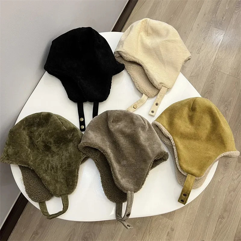 Korea Winter Corduroy Flannel Velvet Warm Lei Feng Hat Men Women Outdoor Wind Snow Travel Ear Protection Ski Bomber Hat 241218