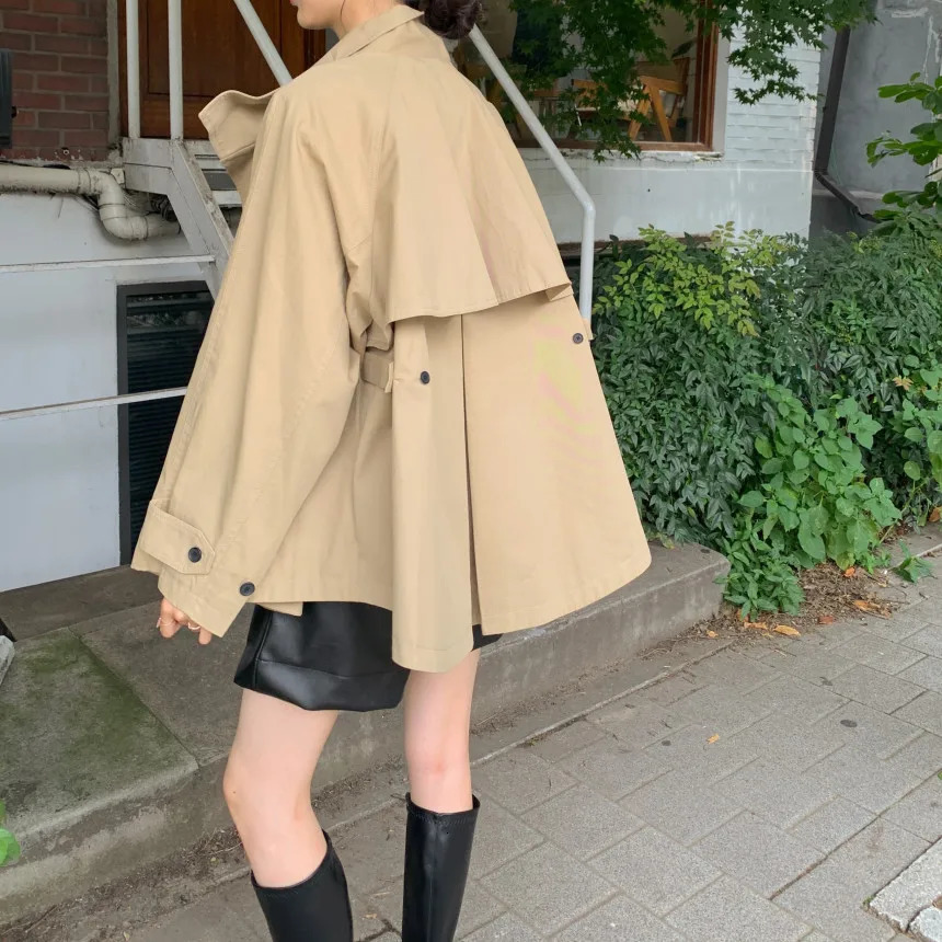 Retro British Fashion Stand Collar Short Trench Cloak Women Fall Lazy Style Windbreaker Coat Khaki Army Green Loose Jacket 241218