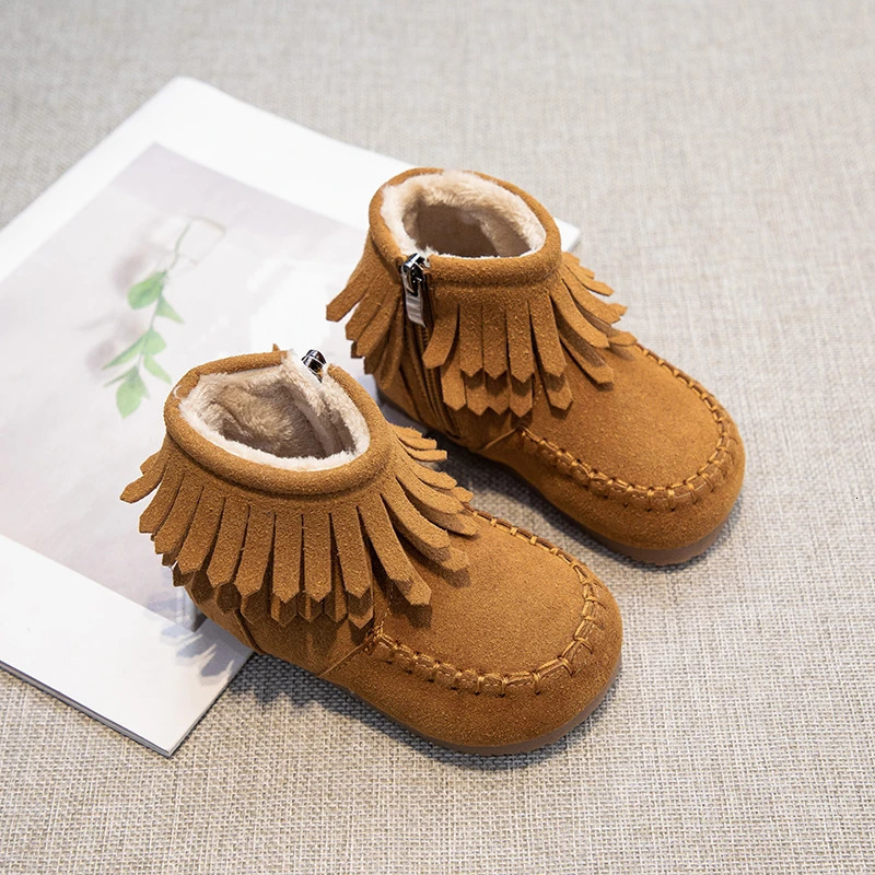 Girls Princess Boots Fashion Kids Ankle Boots Flock Fabric Warm Thick Fur with Side Zipper Tassels Autumn Winter 241219