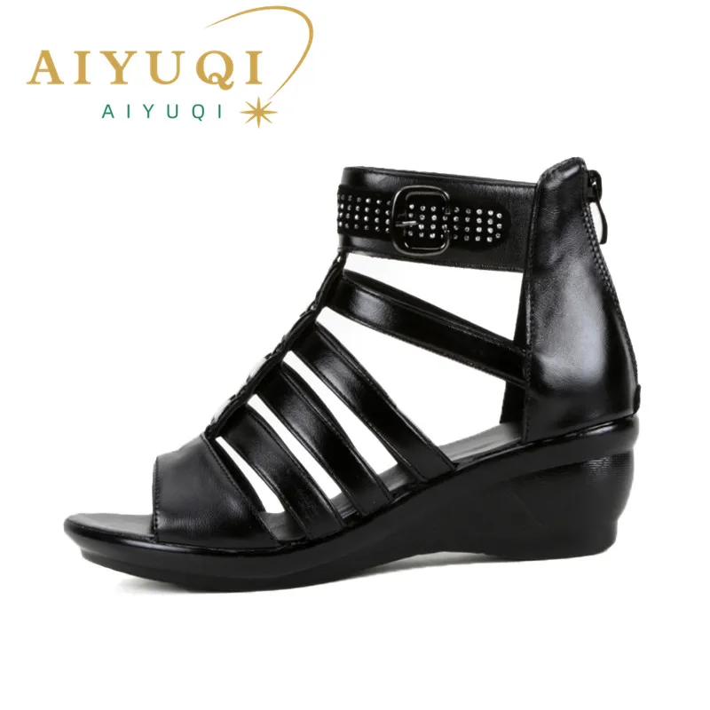 AIYUQI women sandals 2024 summer new women genuine leather sandals large size 41 42 43 rhinestones Roman sandals ladies mother