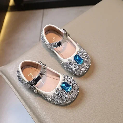 Girls Fashion Princess Shoes Crystal Shoes Bow Girl Kindergarten Flat Shoes Baby Soft Sole Princess Elsa Trend Single Shoes 241219