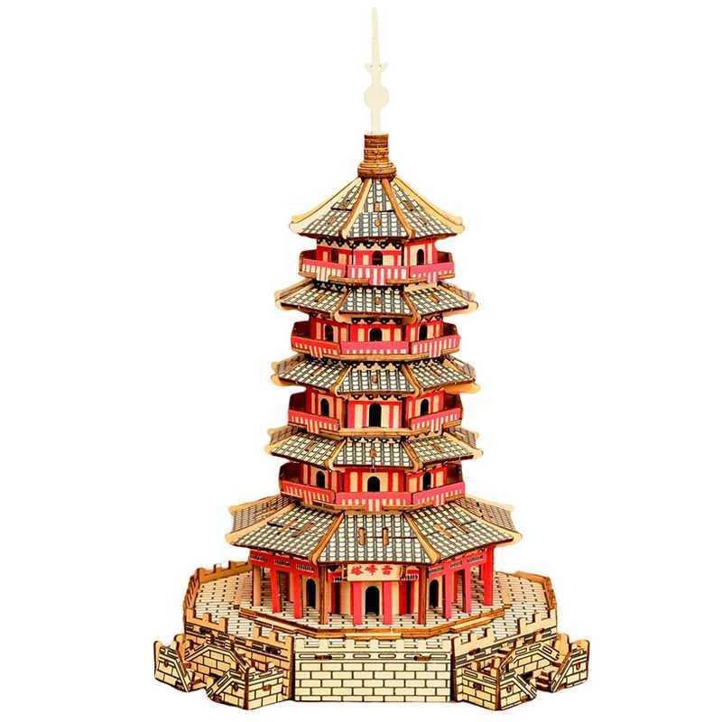 3D Wooden Pagoda Puzzle DIY Building Temple Model Wood Toy Chinese Architecture Yellow Crane Yueyang Tower For Children KidsXJ241218