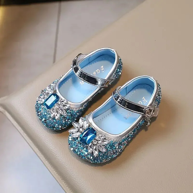 Girls Fashion Princess Shoes Crystal Shoes Bow Girl Kindergarten Flat Shoes Baby Soft Sole Princess Elsa Trend Single Shoes 241219