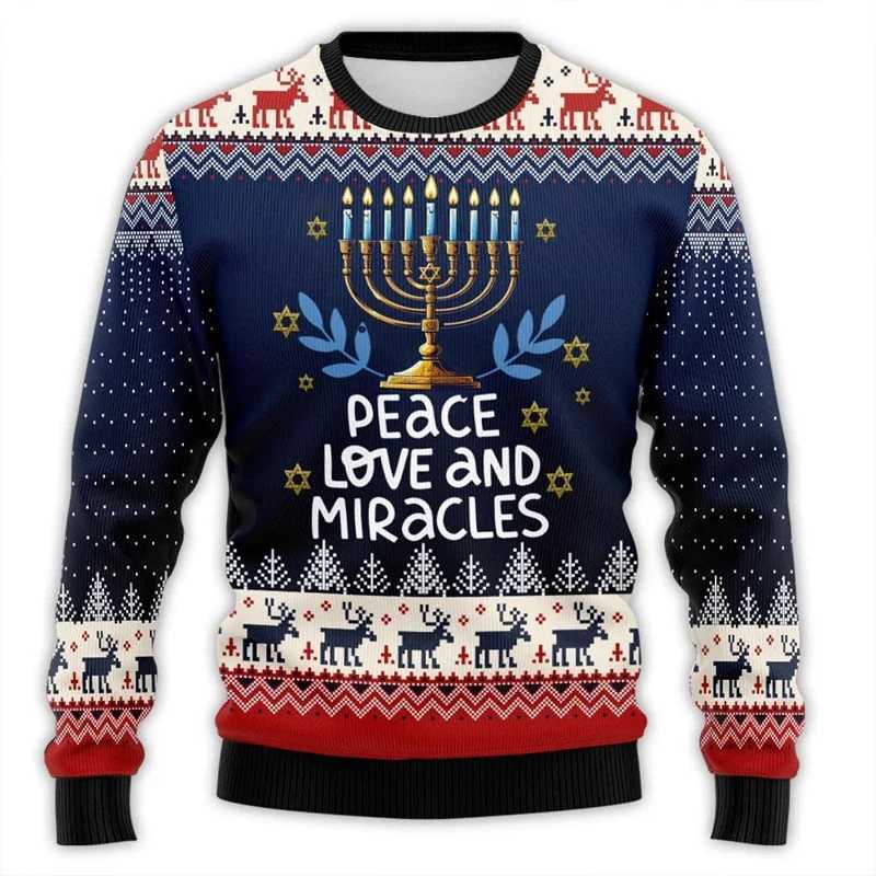 2024 Hanukkah Menorah 3D printed ugly Christmas sweater suitable for unisex clothing Chanukah mens sportswear holiday latte art boys sportswear W24121