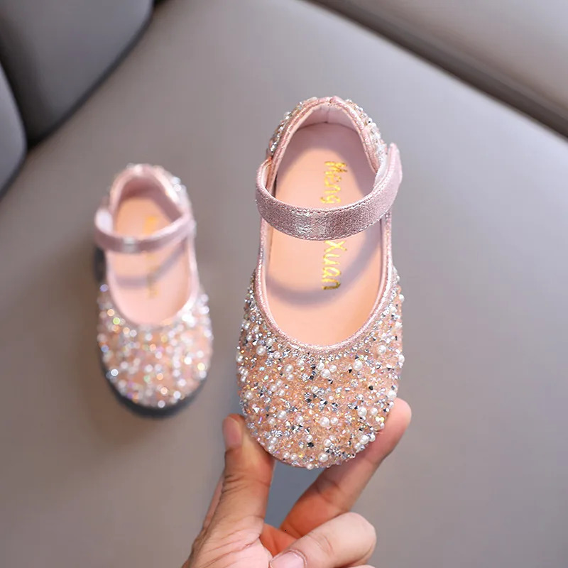 Autumn Girls Rhinestone Leather Shoes Spring Pearl Bow Princess Shoes Soft Children Baby Toddler Single Shoes G06 241219