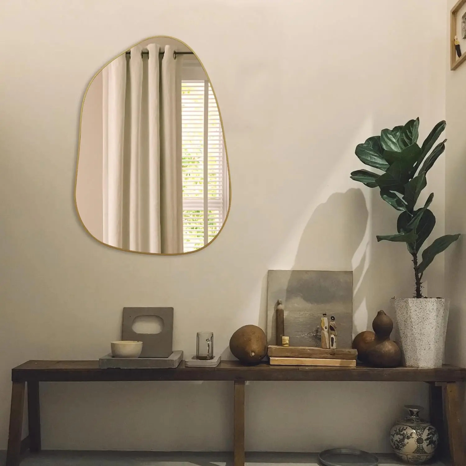 PERFNIQUE irregular wall mirror asymmetric mirror 28 inch x 20 inch gold wood frame mirror used for bathroom bedroom living room entrance 241211