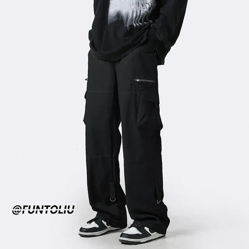 Deep Green Multi-pocket Cargo Pants Mens Autumn Japanese Trendy Straight-leg Loose-fit Casual Pants Niche Zip-up Drop 241218