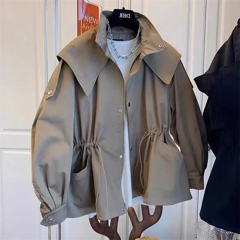 Spring Autumn European Polo Collar Hooded Windbreaker Lining Coat With A Slim Waist Short Size Large Loose Top 241218