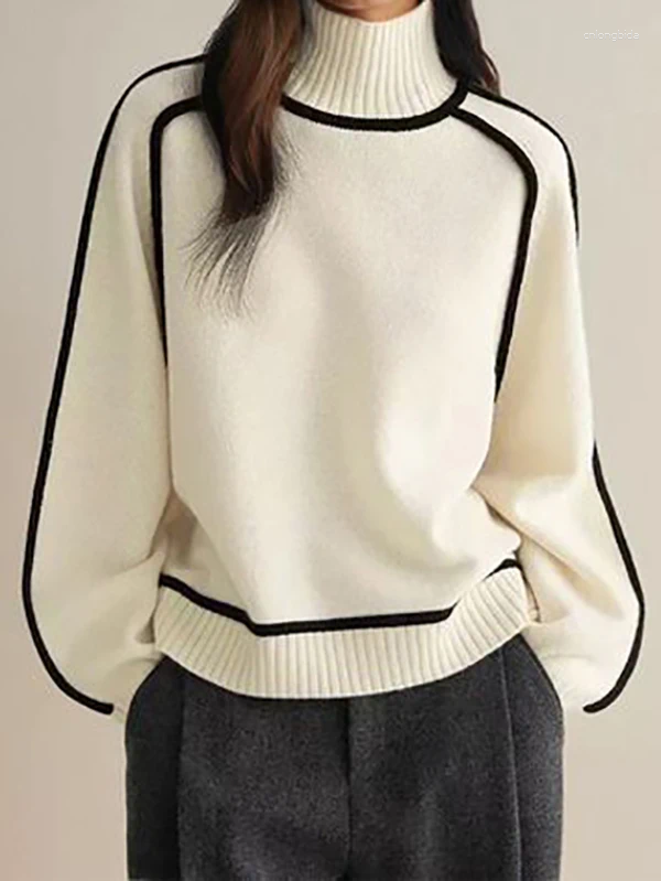 Women's Sweaters Modigirl Winter Casual For 2025 Spring Khaki Beige High Neck Long Sleeves Woman Loose Basic Pullovers