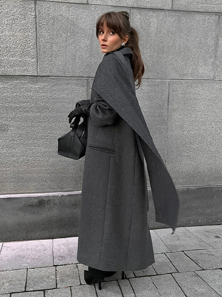 Vintage Hidden Button Long Coats With Scarf Women Casual Solid Lapel Slit Maxi Female Winter Chic Elegant Street Overcoats 241217