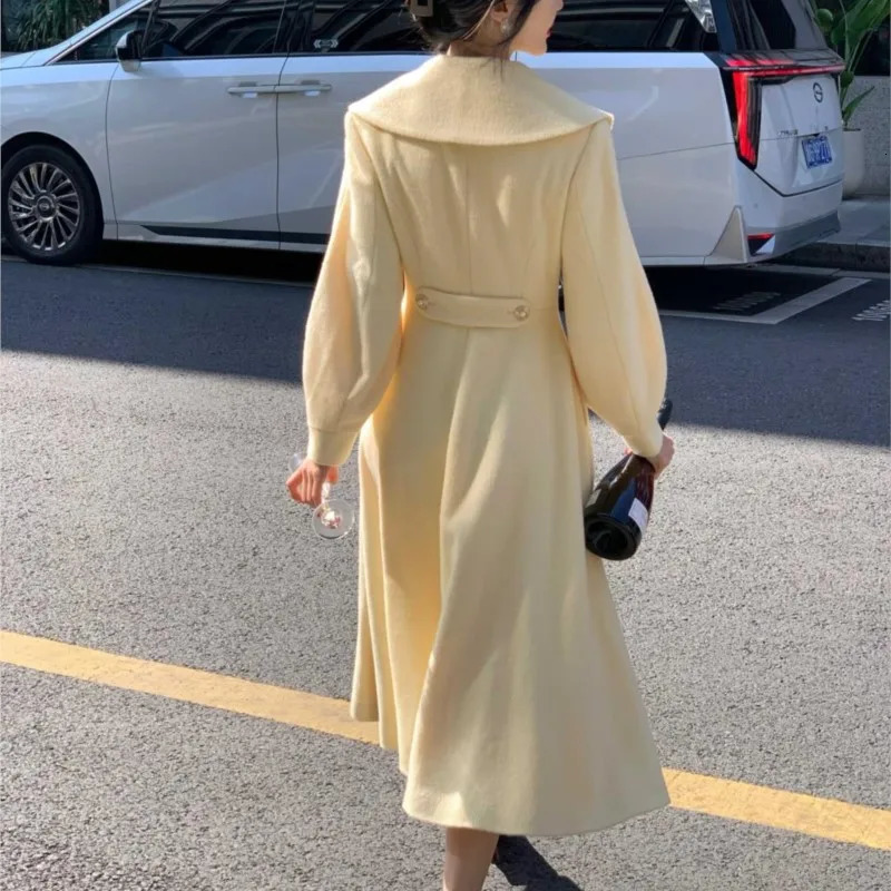 Fashion Womens Long Coats Winter Outerwear Lapel Double Breasted Lantern Sleeve Solid Vintage Chic Woolen Overcoats 241217