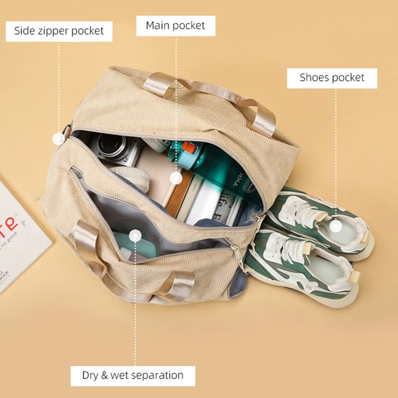 Women Sport Yoga Gym Bag Corduroy Large Capacity Separation of Wet and Dry Waterproof Fashion Fitness Training Duffel Bag XA143B 241219