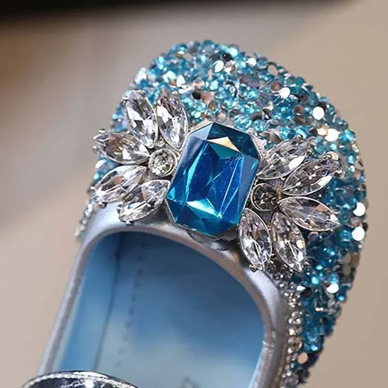 Girls Fashion Princess Shoes Crystal Shoes Bow Girl Kindergarten Flat Shoes Baby Soft Sole Princess Elsa Trend Single Shoes 241219