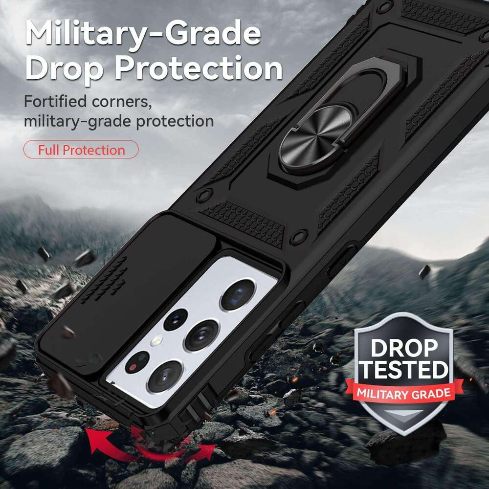 5G with HD Screen Protector Slide Camera Cover Rotated Ring Kickstand, Military-Grade 2 in 1 Phone Case for Galaxy S21 Ultra