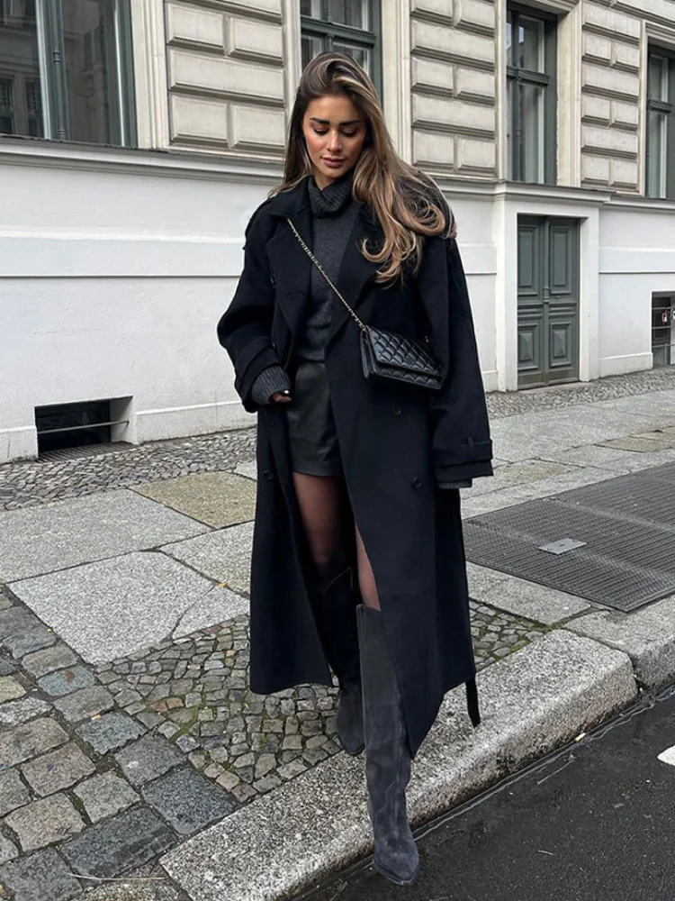 Fashion Dark Grey Stripe Lapel Double Breasted Overcoat Women Full Sleeve Loose Long Coat 2024 Autumn Winter Lady Commute Jacket 241219