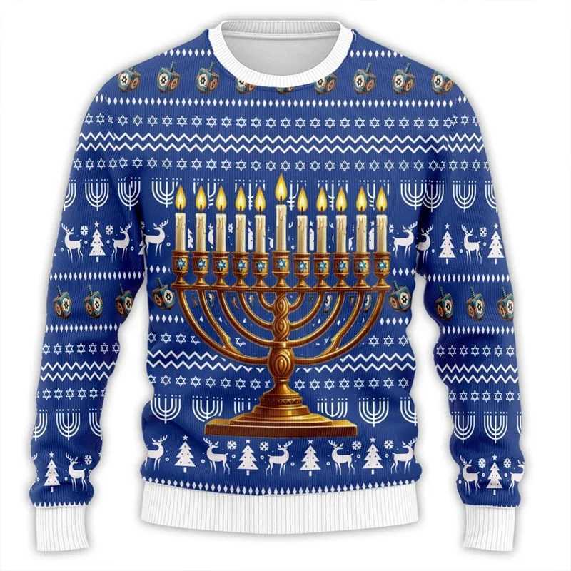 2024 Hanukkah Menorah 3D printed ugly Christmas sweater suitable for unisex clothing Chanukah mens sportswear holiday latte art boys sportswear W24121