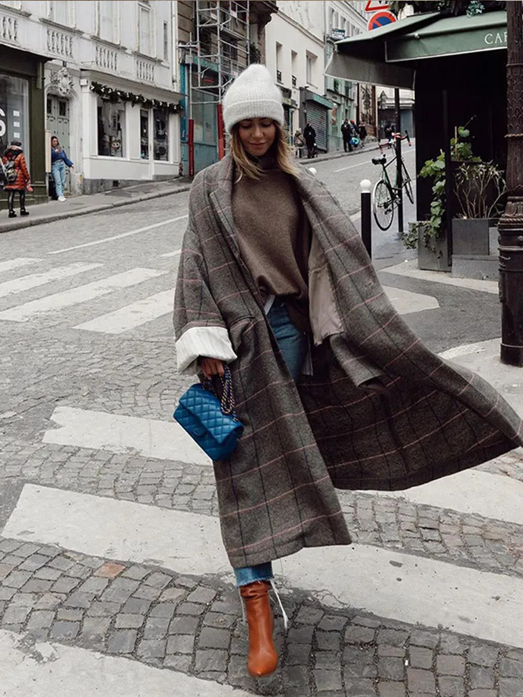 Vintage Long Sleeve Plaid Print Woolen Coat Women Oversized Buttons Lapel Overcoat Winter Lady High Streetwear 241217