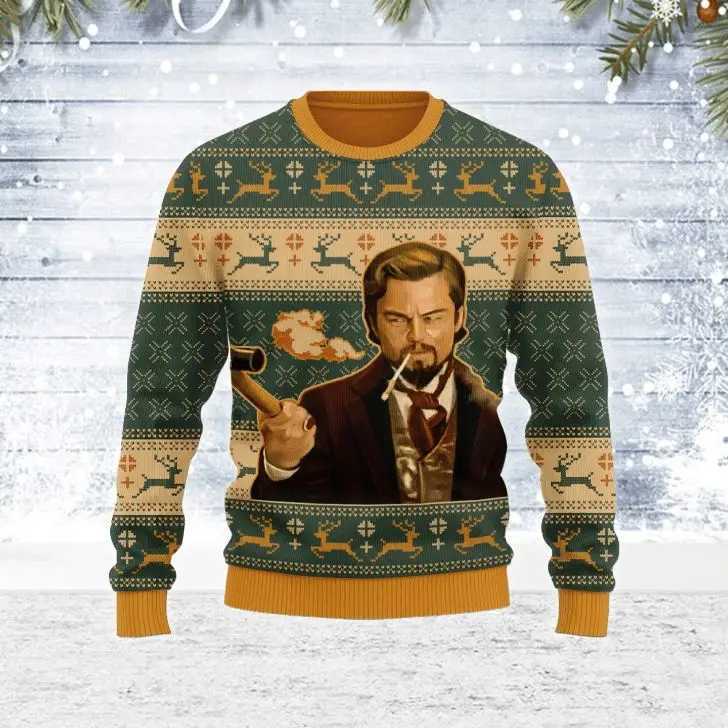 Autumn and Winter Clothes Laughing Leo DiCaprio Meme Ugly Christmas Sweater Gift Saint Claude Pullover Mens 2024 3D Sports Shirt Top W241219