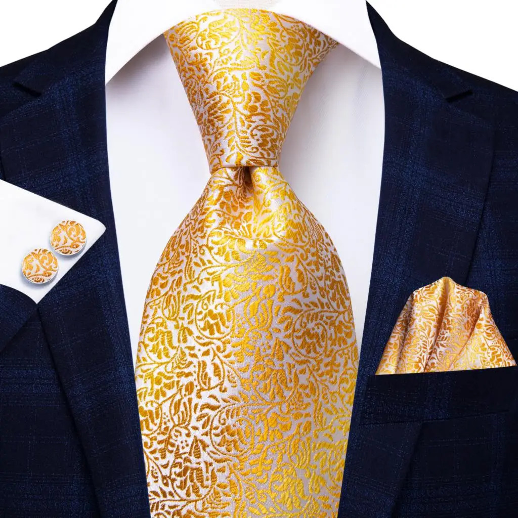Elegent Tie for Men Yellow Gold Paisley Fashion Wedding Party Necktie Handky Cufflinks Wholesale Hi-Tie 241219