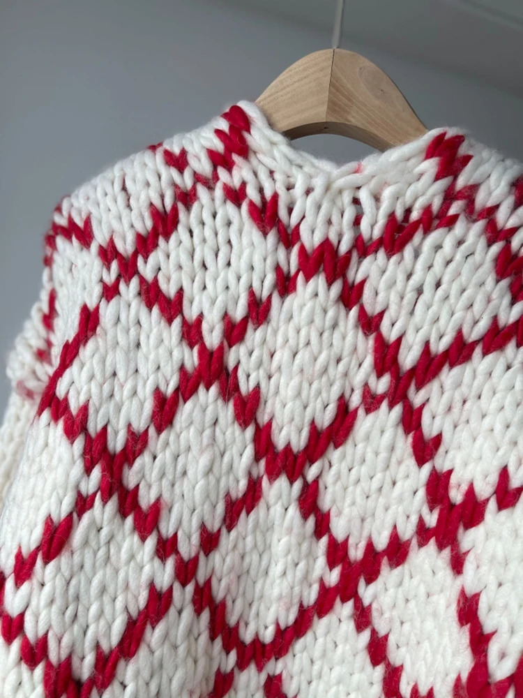 Handmade Chunky Patchwork Knit Cardigan 2024 Winter Warm Loose Jacket Niche Design Knitwear