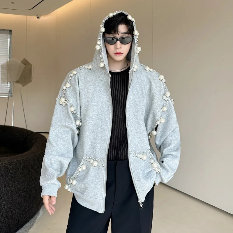 IEFB Trendy Mens Personalized Hoodies Zipper Handmade Pearl Decoration Cardigan Sweatshirt Men Autumn Hooded Jacket 9C7547 241218