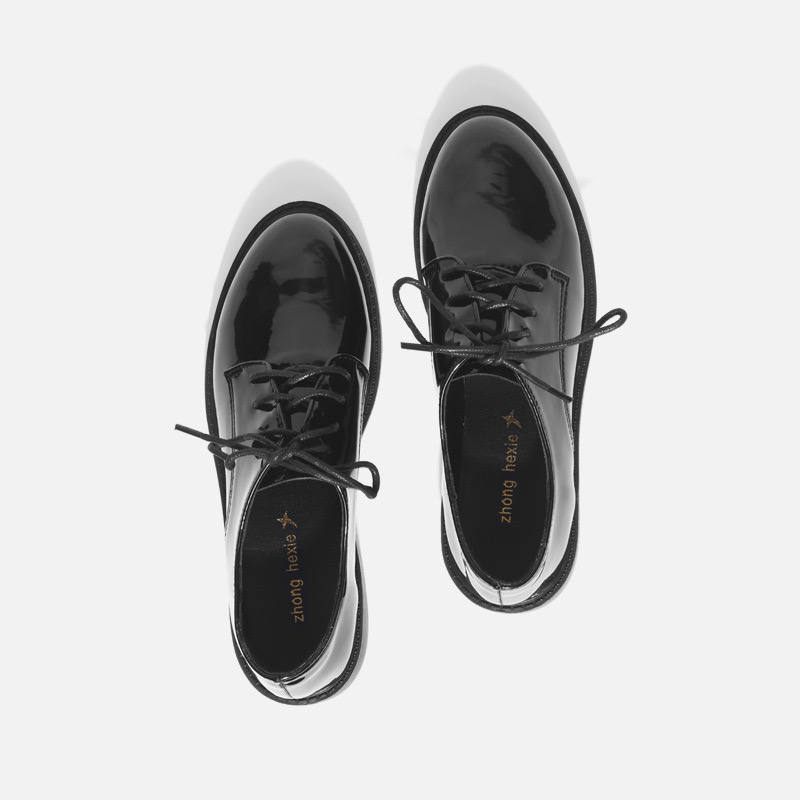 Leather Black Student Oxfords D7387 Cross-Tied New Round Toe Flats Woman Chunky Heels Quality Derbies Ol Dress Rubber Creeper Platform Shoes