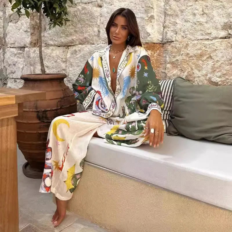 Tropical Style Printed Loose Pants Suit Women Chic Lapel Long Sleeve Shirts Colorful Trousers Sets Female Casual Beach Outfits 241218