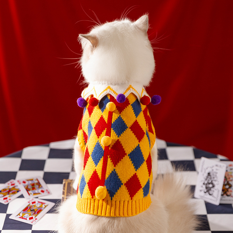 Autumn and Winter New Crazy Circus Cat Clothes Blue Cat Kitten Checkerboard Knitted Sweater Pet Clothes