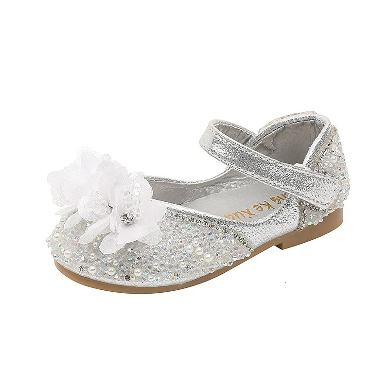 Girls Rhinestone Shoes Childrens Princess Shoes Soft Flower Kids Pearl Party Performance Shoes Sequin Show J192 241219