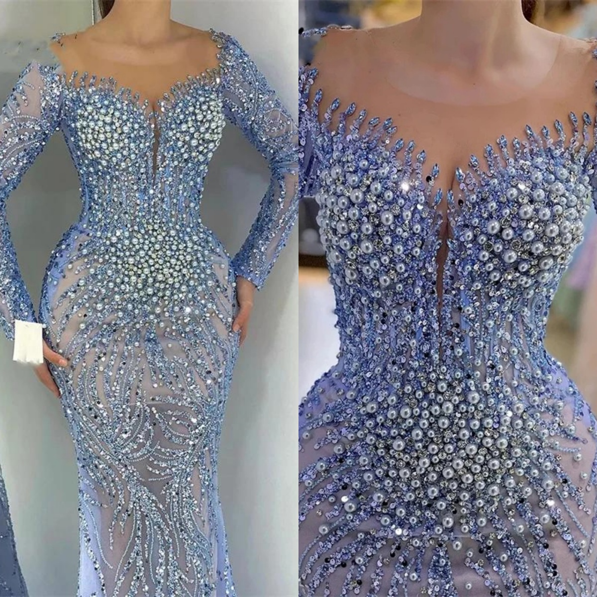 Gorgeous Evening Dresses For Women Sheer Neck Long Sleeves Gown Beaded Sequins Sweep Train Customized Dress Party