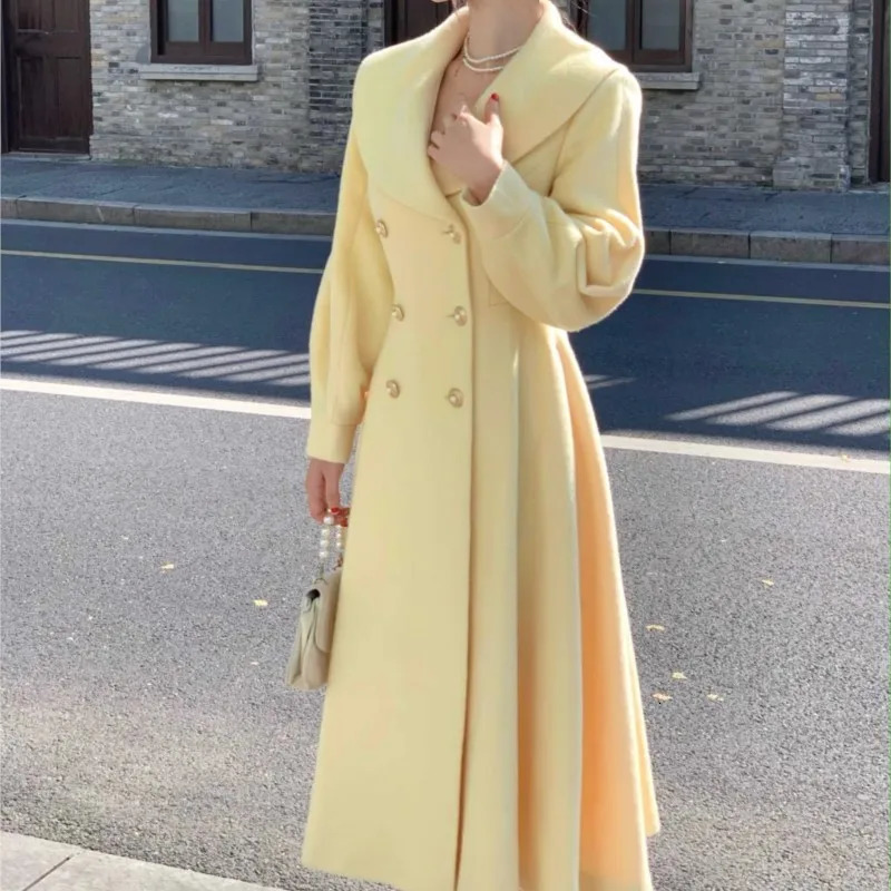 Fashion Womens Long Coats Winter Outerwear Lapel Double Breasted Lantern Sleeve Solid Vintage Chic Woolen Overcoats 241217