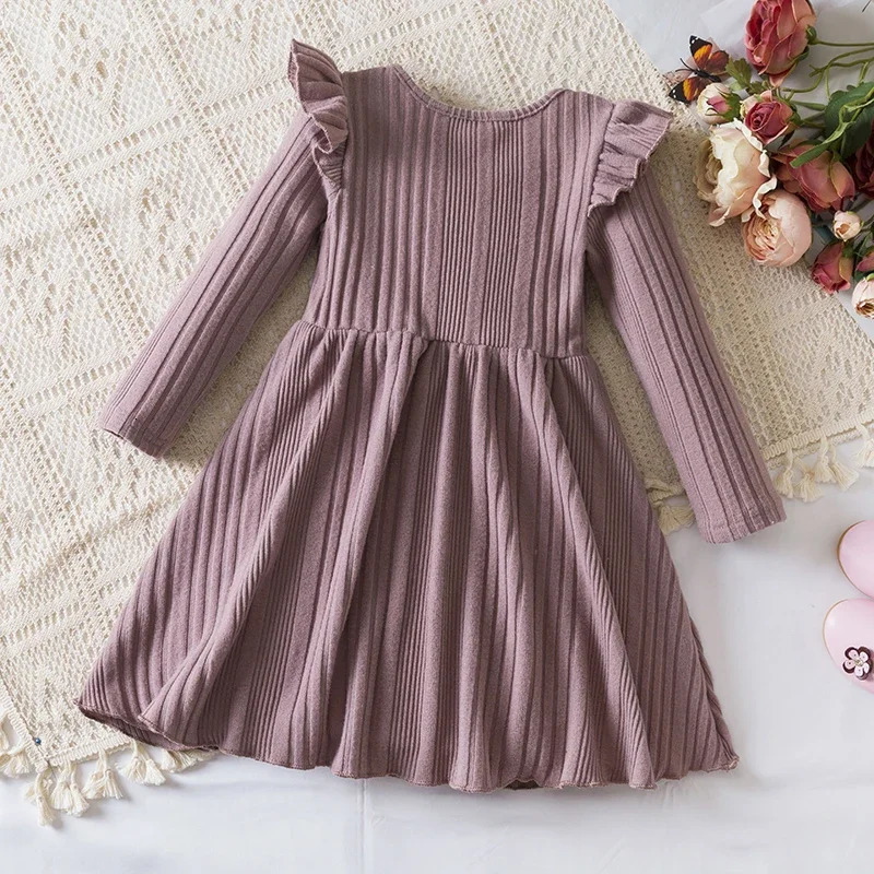 Year Red Girl Knitting Rib Wool Long Sleeve Princess Dress Autumn Winter Warm Sweater Dress Kid Christmas Casual Clothes 241219