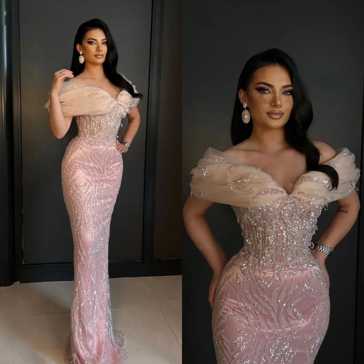Elegant Evening Dresses For Women Off Shoulder Sleeveless Gown Crystal Sequins Sweep Train Customized Dress Party