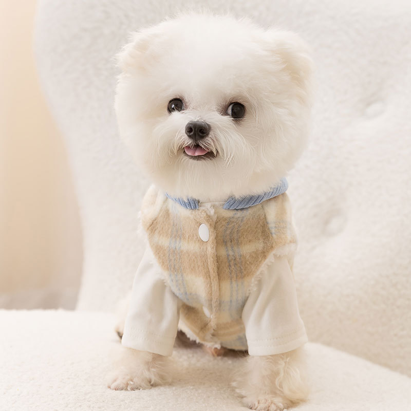 Cross border plush thick little dog clothing checkerboard patterned hooded winter Dog Apparel Pet Clothes