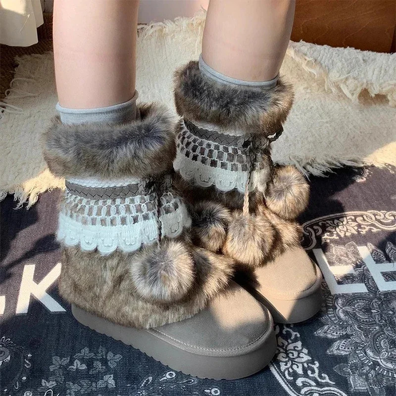 New Butterfly Knot Fur Snow Boots Women's Flat Heels Designer Winter Suede Flat Shoes Warm 2025 New Brand Fashion Sweet