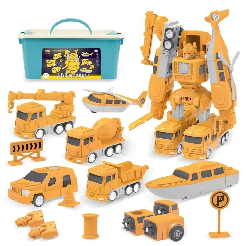 Magnetic Deformation Robot Engineering Car Excavator Mixer Truck Childrens Multi-functional Combination Transform Robot Toy 241218