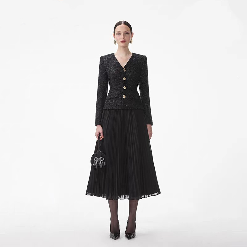 Autunno Inverno Crtytal Mittuto Tweed Chiffon Midi Drest PER Lunghe Seeve Blaco…