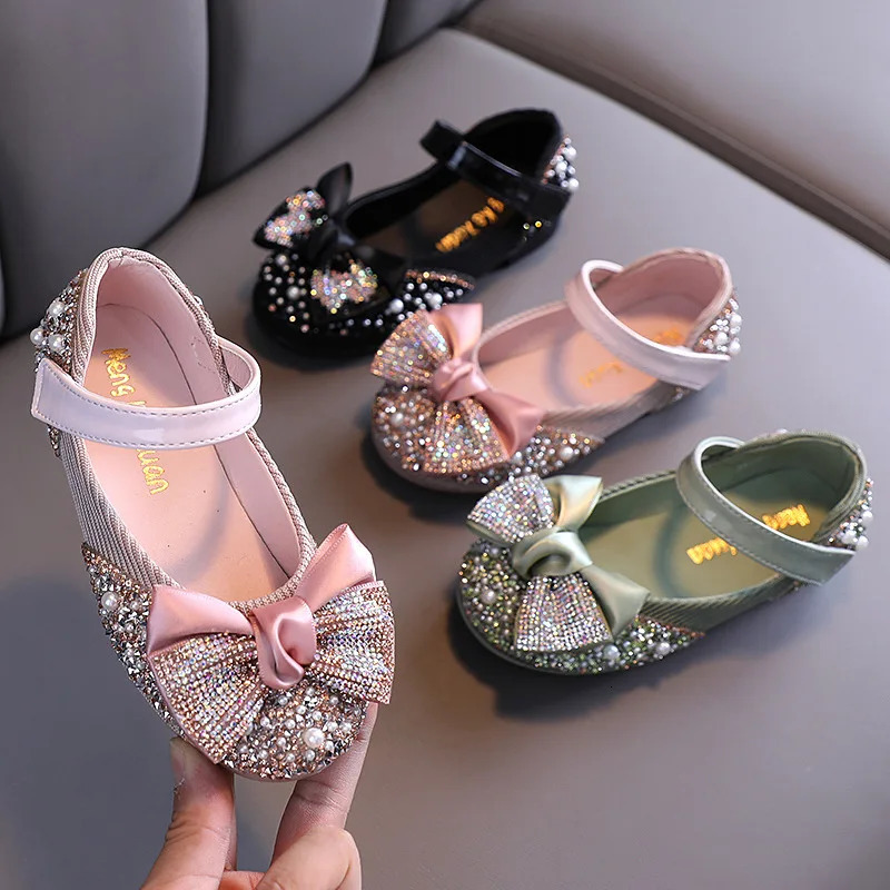 Children Leather Shoes Rhinestone Bow Princess Girls Party Dance Shoes Baby Student Flats Kids Performance Shoes D785 241219