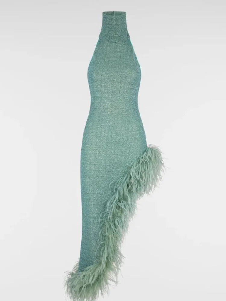 Bright Silk Feather Hem Patchwork Long Gowns Green Split Turtleneck Sleeveless Slim Dresses Women Irregular Elegant Party Robes 241219