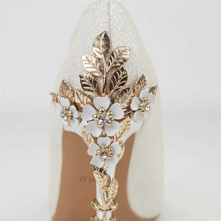 Light Sexy Women hot Dress Shoes 2024 Autumn Metal Flower Fashion High Heel Wedding White Pointed Sequins Shiny Female PumpsC241219