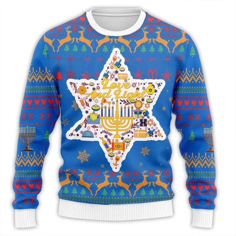 2024 Hanukkah Menorah 3D printed ugly Christmas sweater suitable for unisex clothing Chanukah mens sportswear holiday latte art boys sportswear W24121