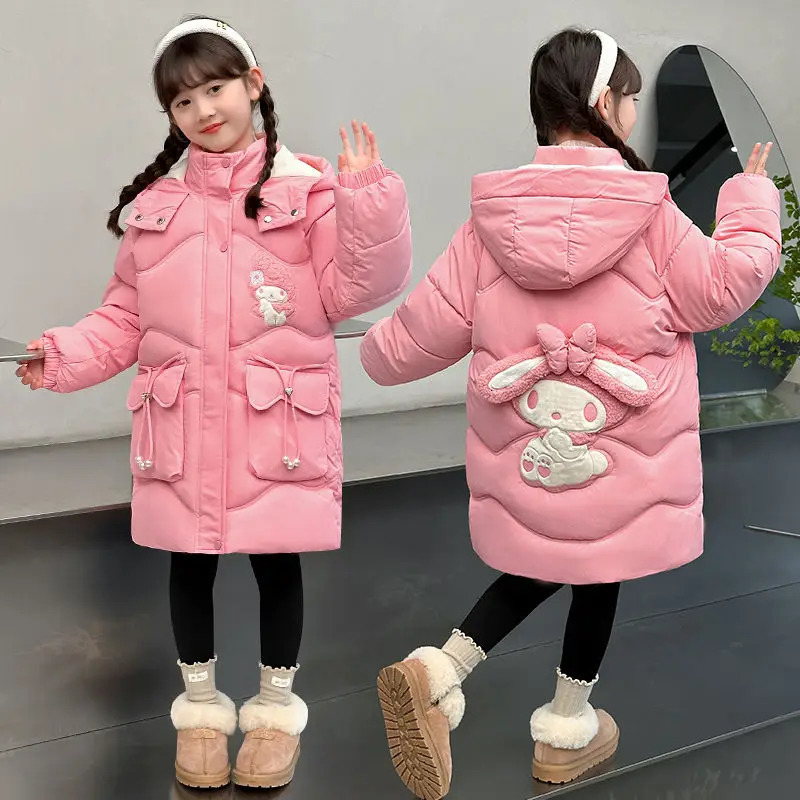 My Melody Girls Medium Long Warm Down Jacket Winter Children Cartoon Hooded Skiing Windproof Coat Teen Princess Outerwear 241218