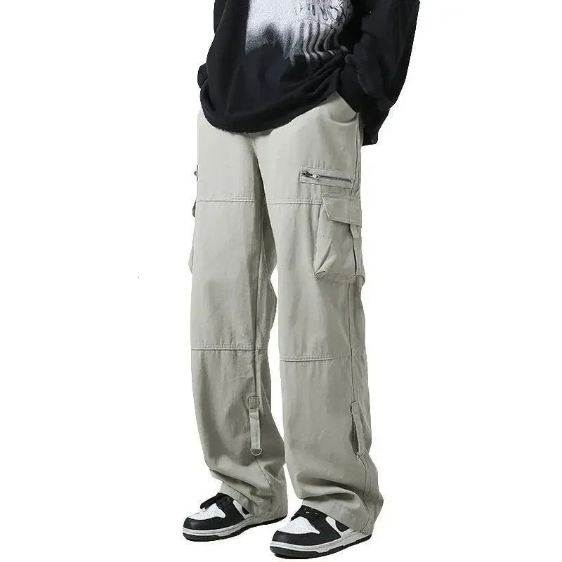 Deep Green Multi-pocket Cargo Pants Mens Autumn Japanese Trendy Straight-leg Loose-fit Casual Pants Niche Zip-up Drop 241218