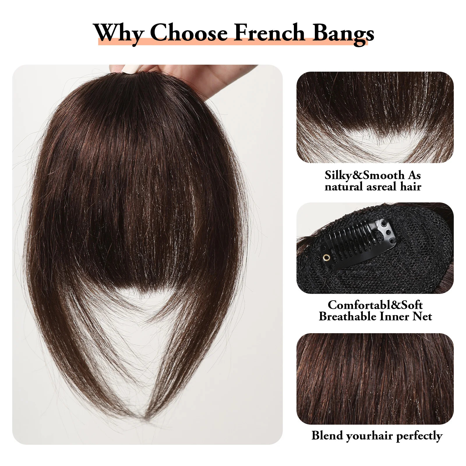Hair Clip in Bangs 100% Human Hair Extention Natural Dark Brown French Bang Flat Neat Fake Thick Hairpieces Bang for Women Daily 241219