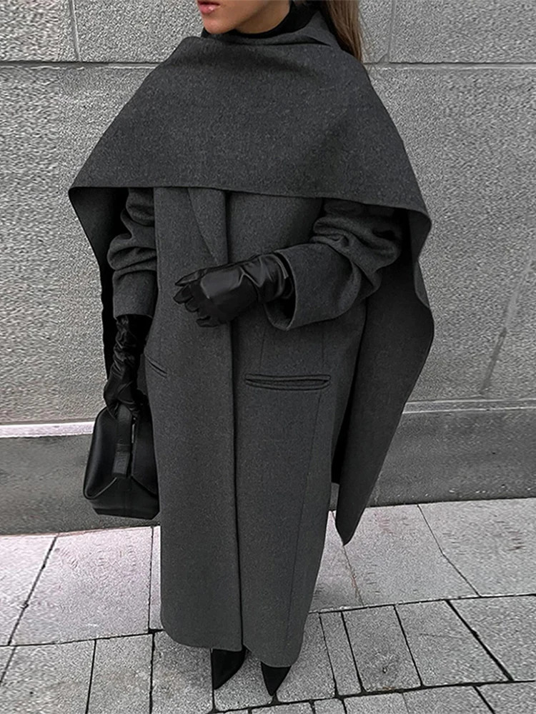 Vintage Hidden Button Long Coats With Scarf Women Casual Solid Lapel Slit Maxi Female Winter Chic Elegant Street Overcoats 241217