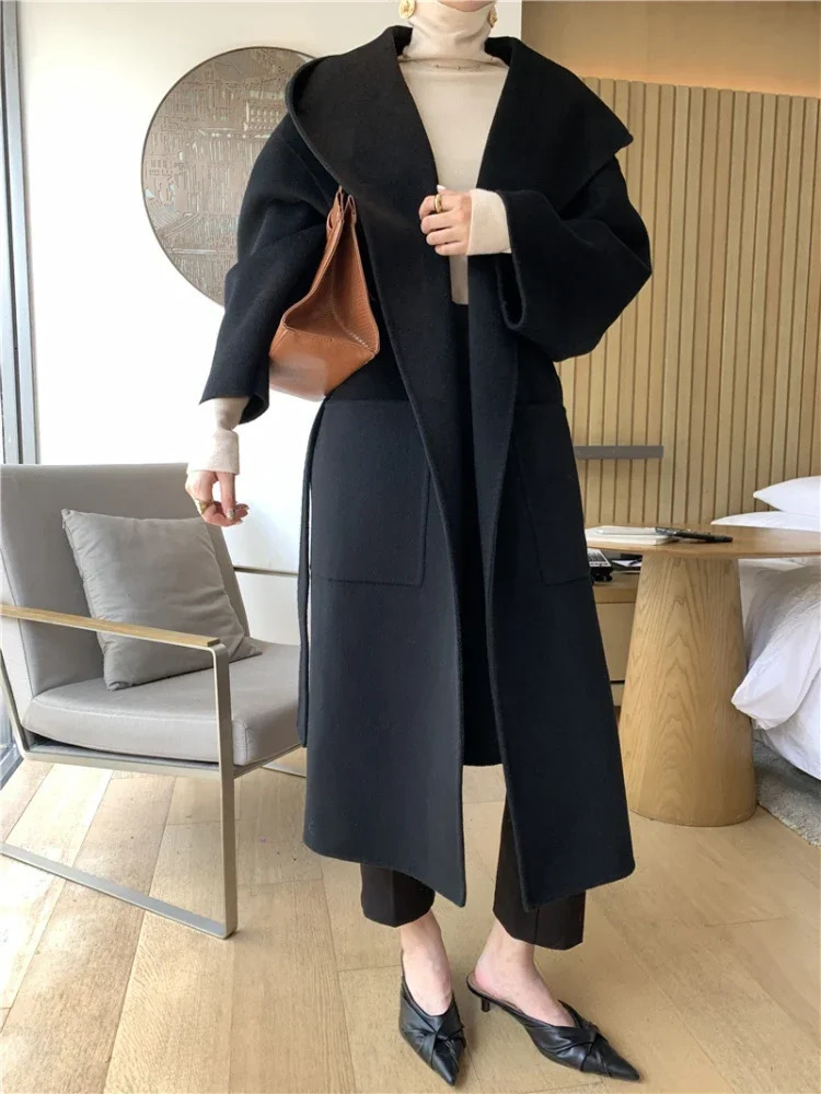Vintage Elegant DoubleSided Cashmere Coat Women Autumn Winter High Quality Hooded Thickened Large Size Loose Wool 241217